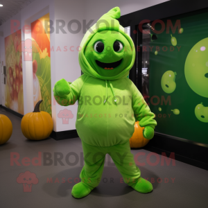 Lime Green Pumpkin mascot costume character dressed with a Hoodie and Beanies