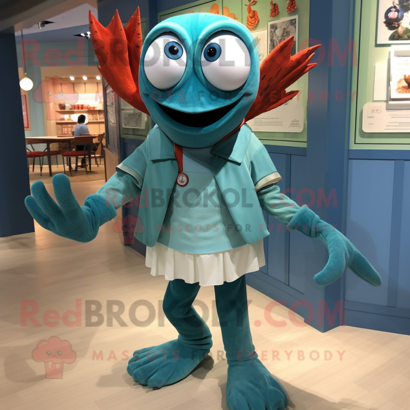 Teal Lobster Bisque mascot costume character dressed with a Shorts and Shawl pins