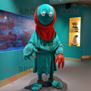 Teal Lobster Bisque mascot costume character dressed with a Shorts and Shawl pins