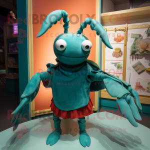 Teal Lobster Bisque mascot costume character dressed with a Shorts and Shawl pins