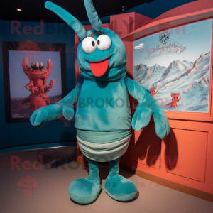 Teal Lobster Bisque mascot costume character dressed with a Shorts and Shawl pins