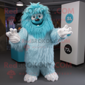 Cyan Yeti mascot costume character dressed with a Wrap Dress and Beanies