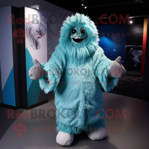 Cyan Yeti mascot costume character dressed with a Wrap Dress and Beanies