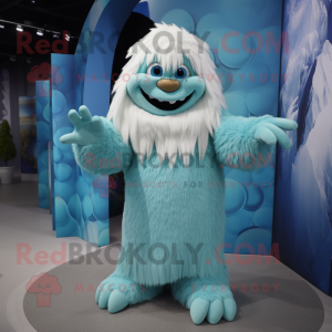 Cyan Yeti mascot costume character dressed with a Wrap Dress and Beanies