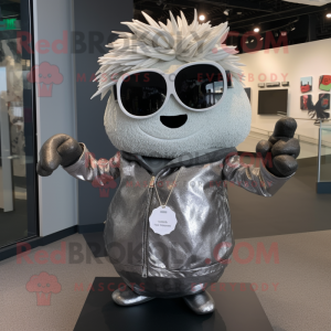 Silver Onion mascot costume character dressed with a Leather Jacket and Sunglasses