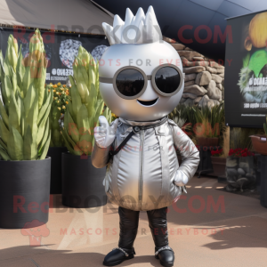 Silver Onion mascot costume character dressed with a Leather Jacket and Sunglasses