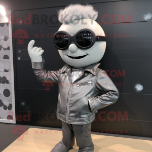 Silver Onion mascot costume character dressed with a Leather Jacket and Sunglasses