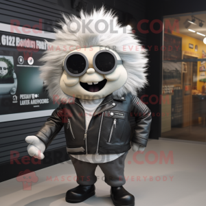 Silver Onion mascot costume character dressed with a Leather Jacket and Sunglasses