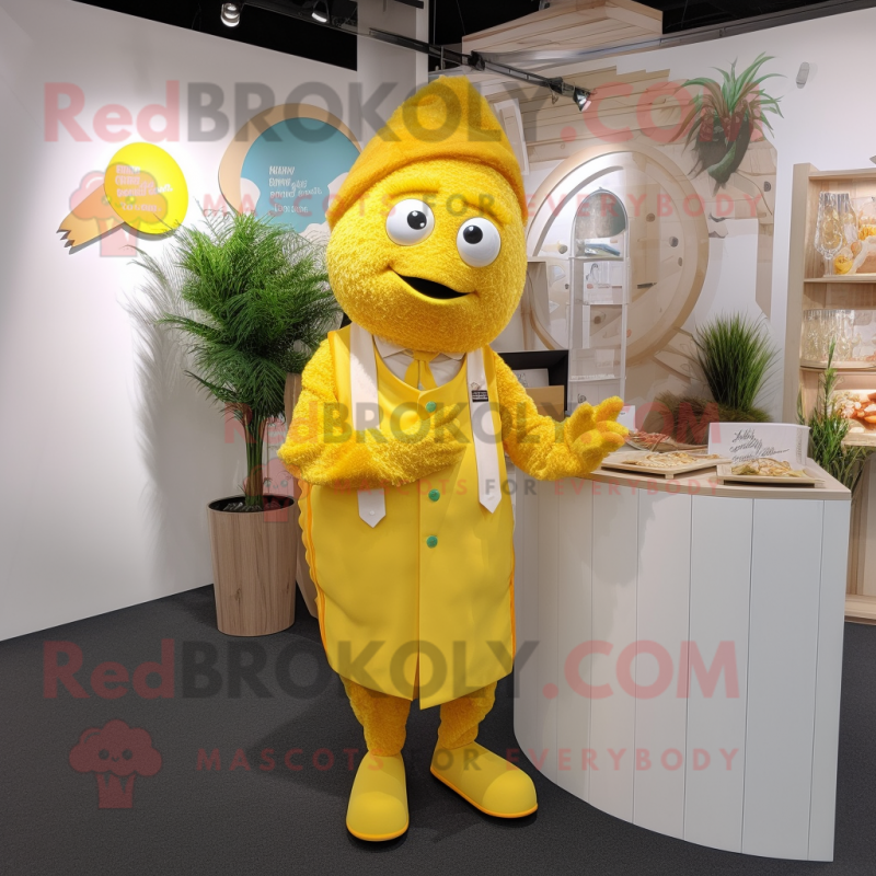 Yellow Fish And Chips mascot costume character dressed with a Culottes and Tie pins Yellow Fish And Chips mascot costume character dressed with a Culottes and Tie pins