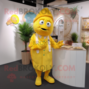 Yellow Fish And Chips mascot costume character dressed with a Culottes and Tie pins