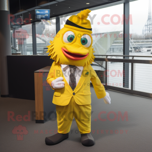 Yellow Fish And Chips mascot costume character dressed with a Culottes and Tie pins