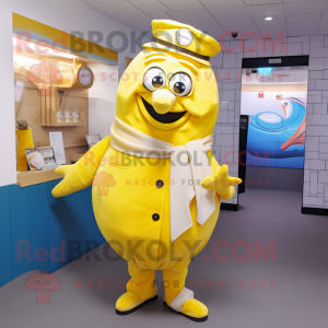 Yellow Fish And Chips mascot costume character dressed with a Culottes and Tie pins