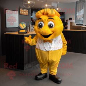 Yellow Fish And Chips mascot costume character dressed with a Culottes and Tie pins