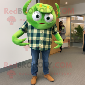 Lime Green Crab Cakes mascot costume character dressed with a Flannel Shirt and Clutch bags