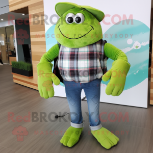 Lime Green Crab Cakes mascot costume character dressed with a Flannel Shirt and Clutch bags