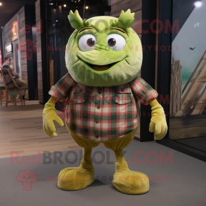 Lime Green Crab Cakes mascot costume character dressed with a Flannel Shirt and Clutch bags