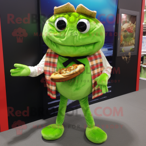 Lime Green Crab Cakes mascot costume character dressed with a Flannel Shirt and Clutch bags