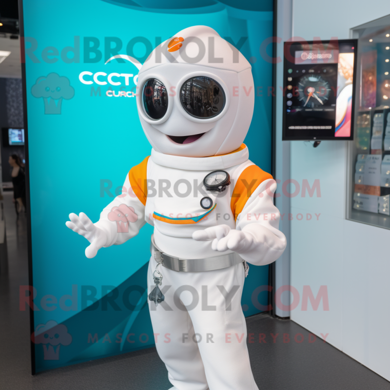 White Ceviche mascot costume character dressed with a Jumpsuit and Smartwatches White Ceviche mascot costume character dressed with a Jumpsuit and Smartwatches