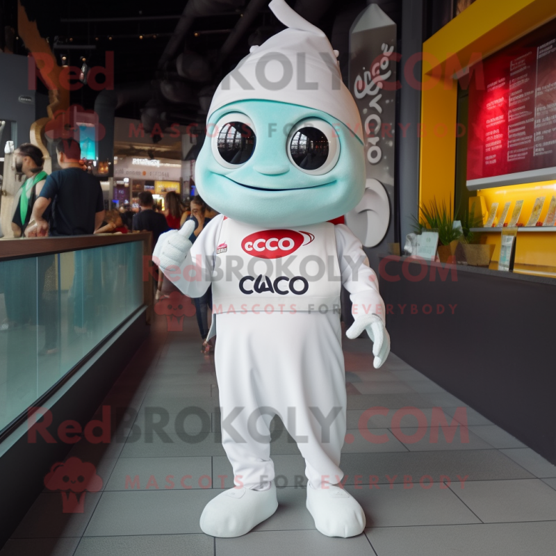 White Ceviche mascot costume character dressed with a Jumpsuit and Smartwatches