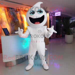 White Ceviche mascot costume character dressed with a Jumpsuit and Smartwatches