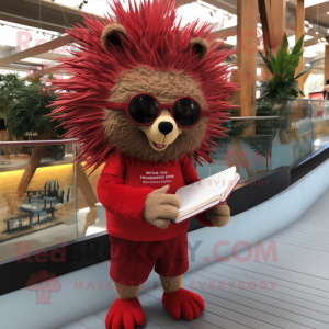 Red Porcupine mascot costume character dressed with a Playsuit and Reading glasses