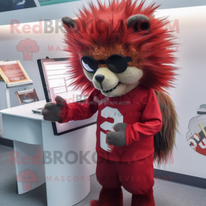 Red Porcupine mascot costume character dressed with a Playsuit and Reading glasses