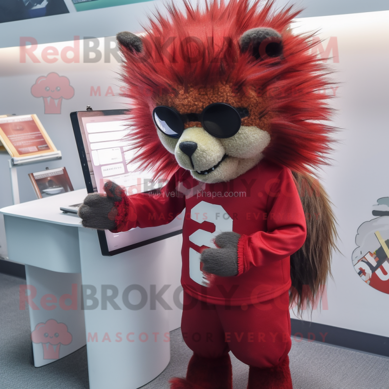 Red Porcupine mascot costume character dressed with a Playsuit and Reading glasses Red Porcupine mascot costume character dressed with a Playsuit and Reading glasses