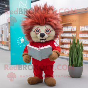 Red Porcupine mascot costume character dressed with a Playsuit and Reading glasses