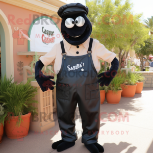 Black Shrimp Scampi mascot costume character dressed with a Capri Pants and Suspenders