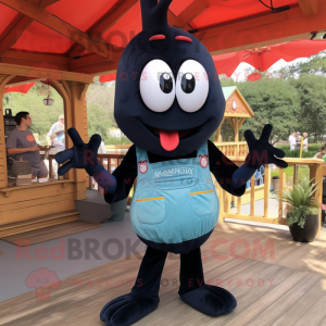 Black Shrimp Scampi mascot costume character dressed with a Capri Pants and Suspenders