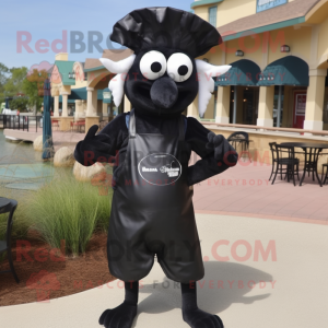 Black Shrimp Scampi mascot costume character dressed with a Capri Pants and Suspenders