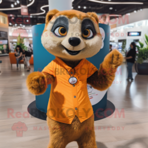 Orange Meerkat mascot costume character dressed with a Jeans and Hair clips