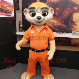 Orange Meerkat mascot costume character dressed with a Jeans and Hair clips