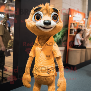 Orange Meerkat mascot costume character dressed with a Jeans and Hair clips