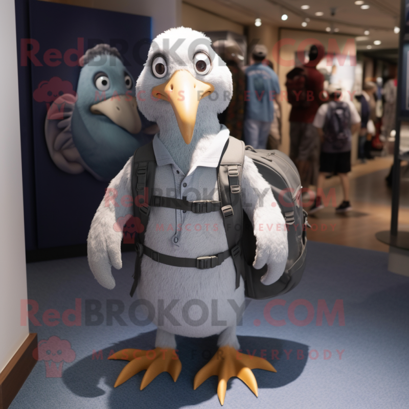 Gray Albatross mascot costume character dressed with a Henley Tee and Backpacks