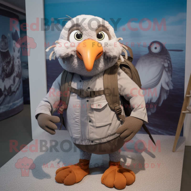 Gray Albatross mascot costume character dressed with a Henley Tee and Backpacks