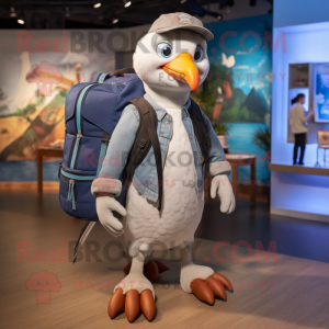 Gray Albatross mascot costume character dressed with a Henley Tee and Backpacks