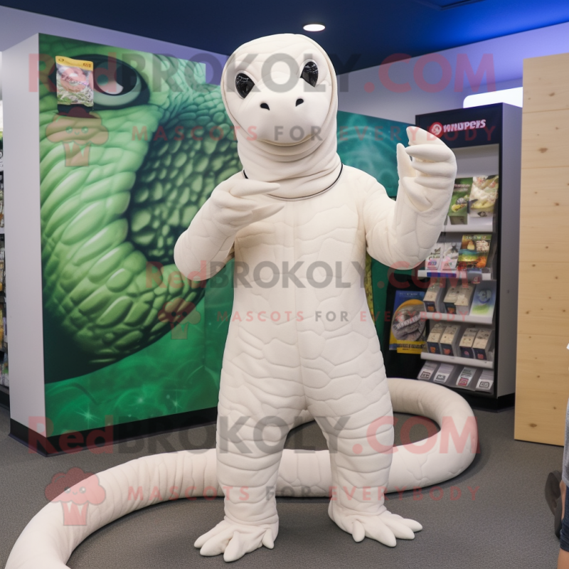 White Titanoboa mascot costume character dressed with a Rash Guard and Beanies