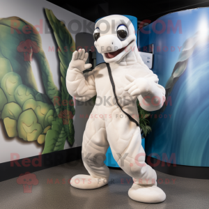 White Titanoboa mascot costume character dressed with a Rash Guard and Beanies