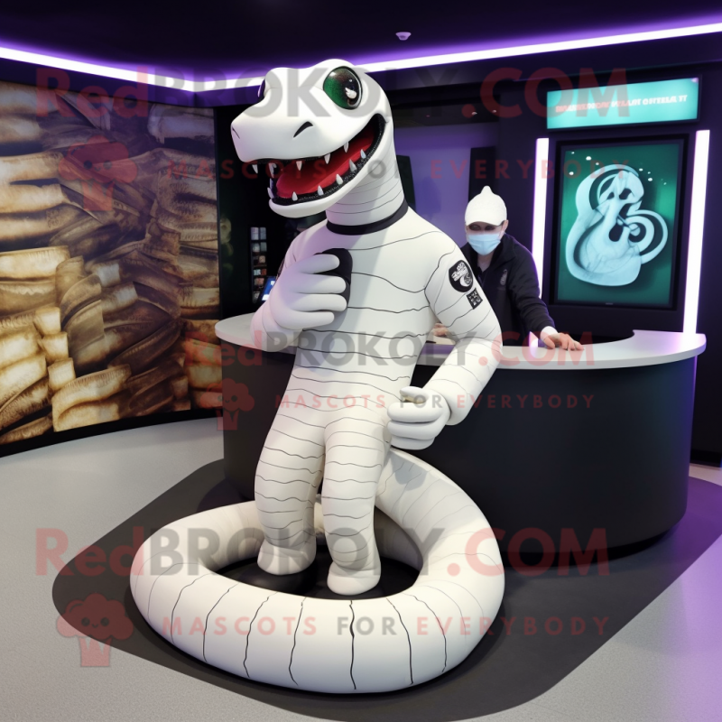 White Titanoboa mascot costume character dressed with a Rash Guard and Beanies