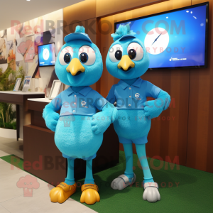 Cyan Quail mascot costume character dressed with a Polo Tee and Digital watches