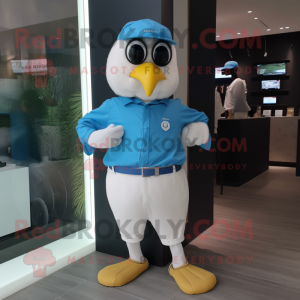 Cyan Quail mascot costume character dressed with a Polo Tee and Digital watches