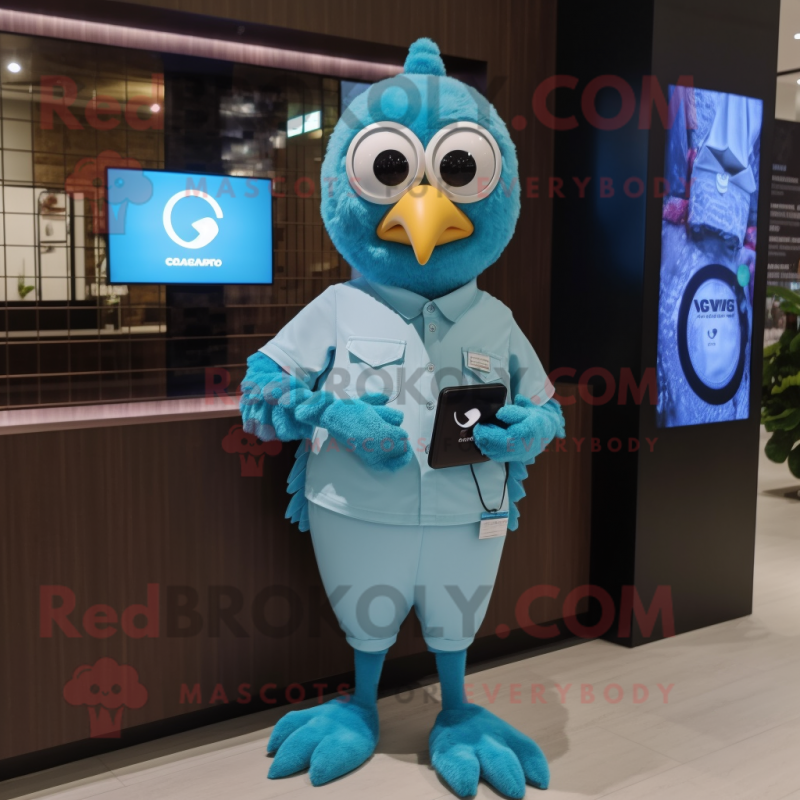 Cyan Quail mascot costume character dressed with a Polo Tee and Digital watches