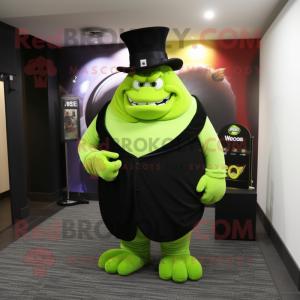 Lime Green Ogre mascot costume character dressed with a Tuxedo and Hats
