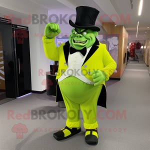 Lime Green Ogre mascot costume character dressed with a Tuxedo and Hats
