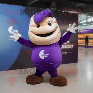 Purple Croissant mascot costume character dressed with a Polo Tee and Brooches