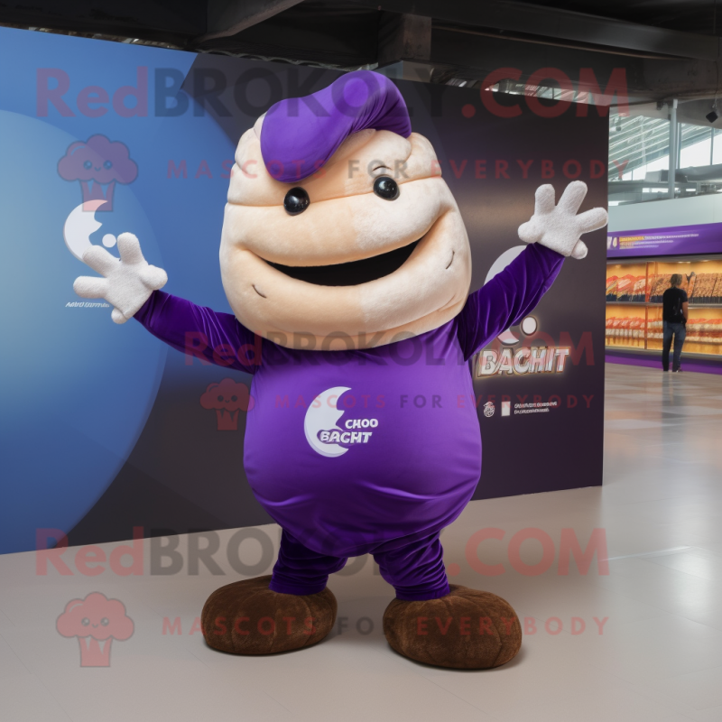 Purple Croissant mascot costume character dressed with a Polo Tee and Brooches Purple Croissant mascot costume character dressed with a Polo Tee and Brooches