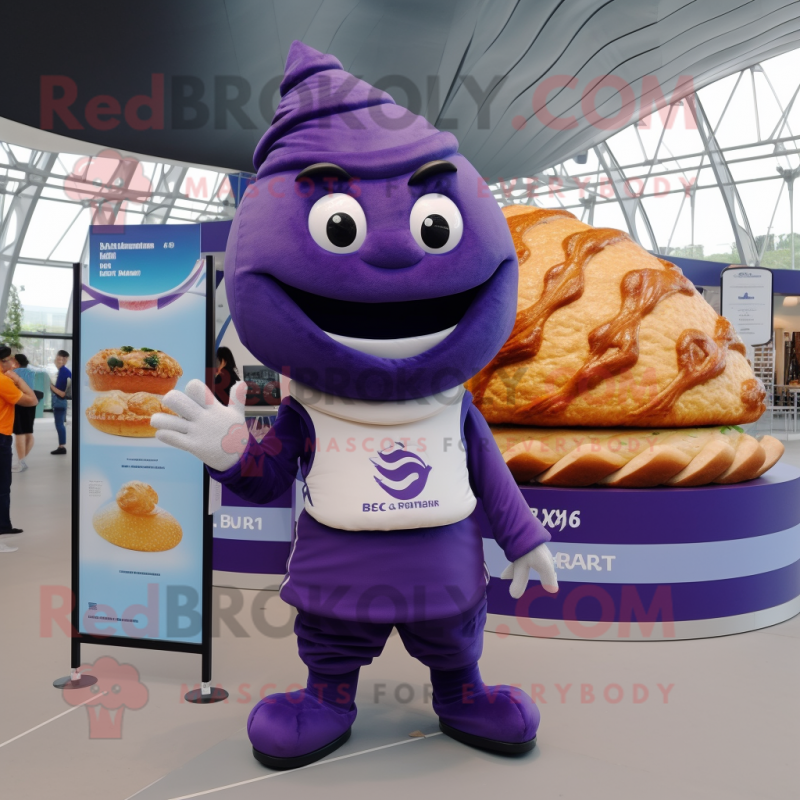 Purple Croissant mascot costume character dressed with a Polo Tee and Brooches Purple Croissant mascot costume character dressed with a Polo Tee and Brooches