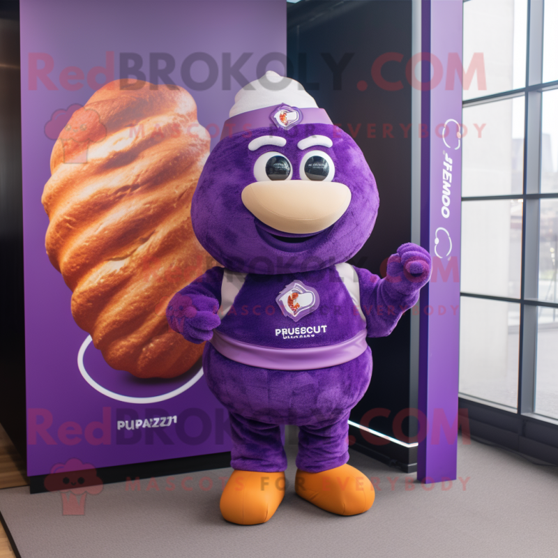 Purple Croissant mascot costume character dressed with a Polo Tee and Brooches