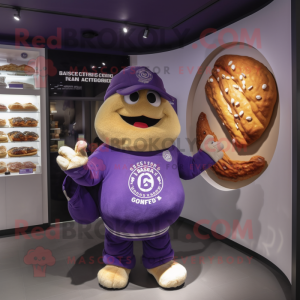 Purple Croissant mascot costume character dressed with a Polo Tee and Brooches